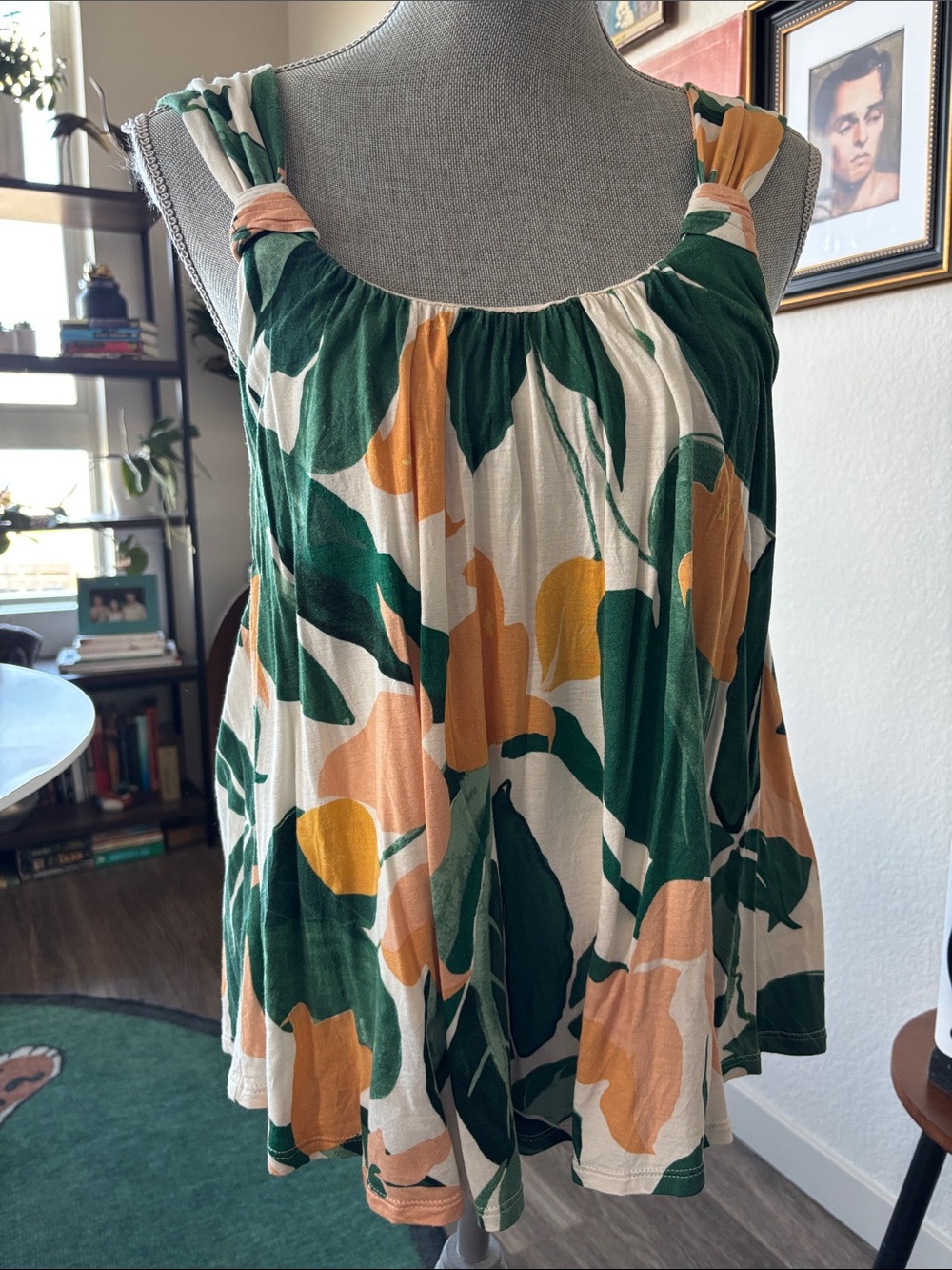 Anthropologie Green, Cream & Mustard Floral Sleeveless Tank